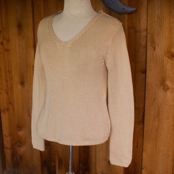 Vintage Talbots 100% Cotton Creme Knitted V-Neck Sweater Size S - Picture 3 of 15